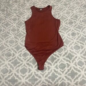 VENUS Women's Rust‎ Ruched Thong Bodysuit Size L Sleeveless High Neck